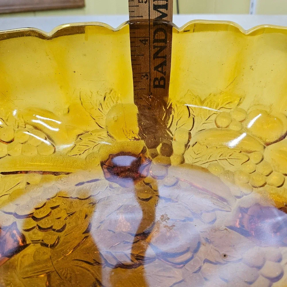 Vintage Amber Indian Glass Fruit Bowl Footed Oval Scalloped Rim Embossed Fruit